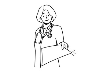 Smiling female doctor in medical uniform give paperwork from hospital. Happy woman nurse or GP stretch hand with document or letter. Vector illustration. 