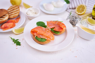 Breakfast Ingredients - Smoked salmon, poached egg and grilled buns
