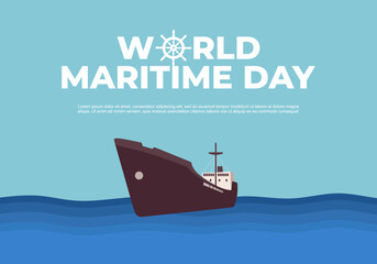 World maritime day background with big ship on ocean and steer wheel.