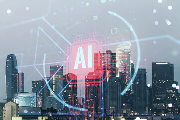 Fototapeta na wymiar Double exposure of creative artificial Intelligence abbreviation hologram on Los Angeles office buildings background. Future technology and AI concept