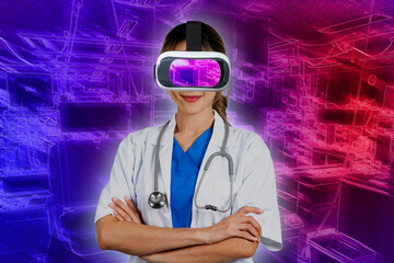 Female doctor wearing 3D virtual reality glasses standing with her arms crossed.