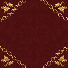 高級感のあるチェーンとオーナメント模様の背景　正方形　レッド＆ゴールド