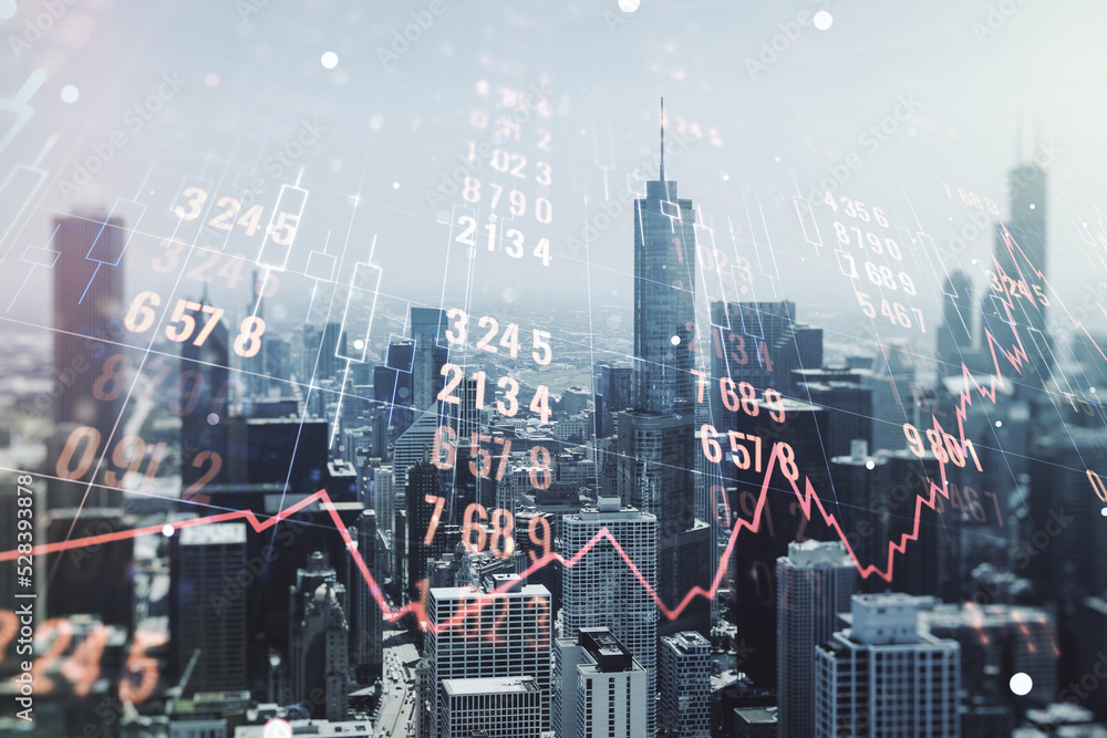 Poster abstract virtual analytics data spreadsheet on chicago cityscape background, analytics and analysis 