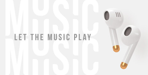 Fototapeta premium Realistic white portable wireless headphones with golden elements. 3d render wireless Earbuds. Let the music play vector illustration.