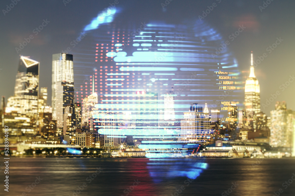 Aufkleber multi exposure of abstract creative coding sketch and world map on new york city skyline background,