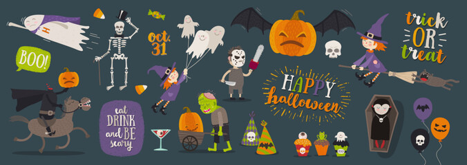 Set of halloween cartoon characters, symbol, objects and items. Vector illustration.