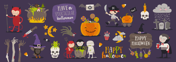 Set of halloween cartoon characters, symbol, objects and items. Vector illustration.
