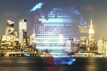 Multi exposure of abstract creative coding sketch and world map on New York city skyline background, artificial intelligence and neural networks concept