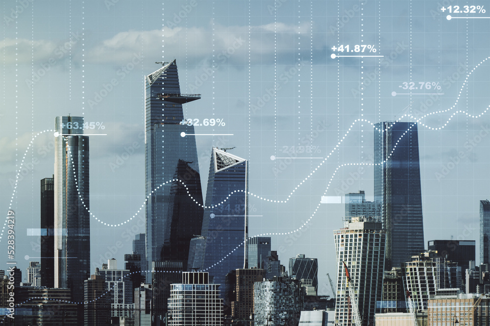 Poster multi exposure of abstract virtual graphic data spreadsheet sketch on manhattan cityscape background