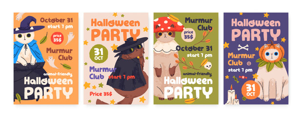 Kids Halloween party posters with cute cats. Helloween card background designs with funny kitties in holiday costumes. Vertical inviting banners, promotion flyers. Colored flat vector illustrations