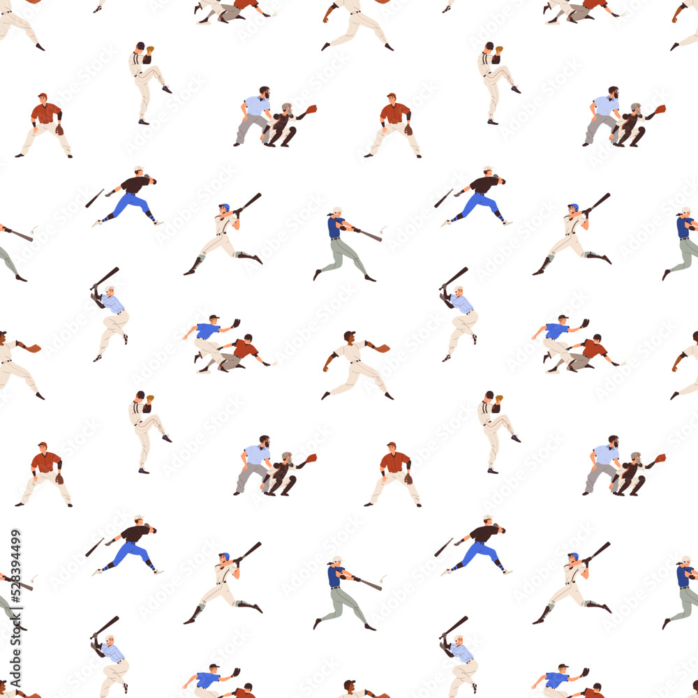 Poster Baseball players pattern. Seamless background with sport game print. Repeating texture design with athletes playing, people in action, motion, different positions. Colored flat vector illustration