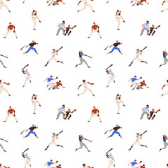 Baseball players pattern. Seamless background with sport game print. Repeating texture design with athletes playing, people in action, motion, different positions. Colored flat vector illustration