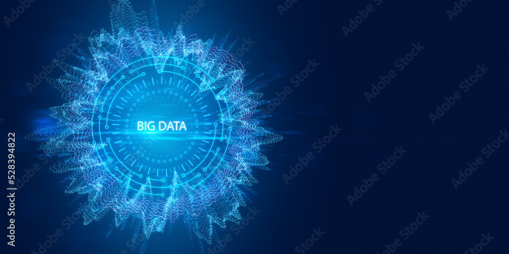 Poster Abstract round big data hologram on dark wide background with mock up place. Code and digital science concept. 3D Rendering.