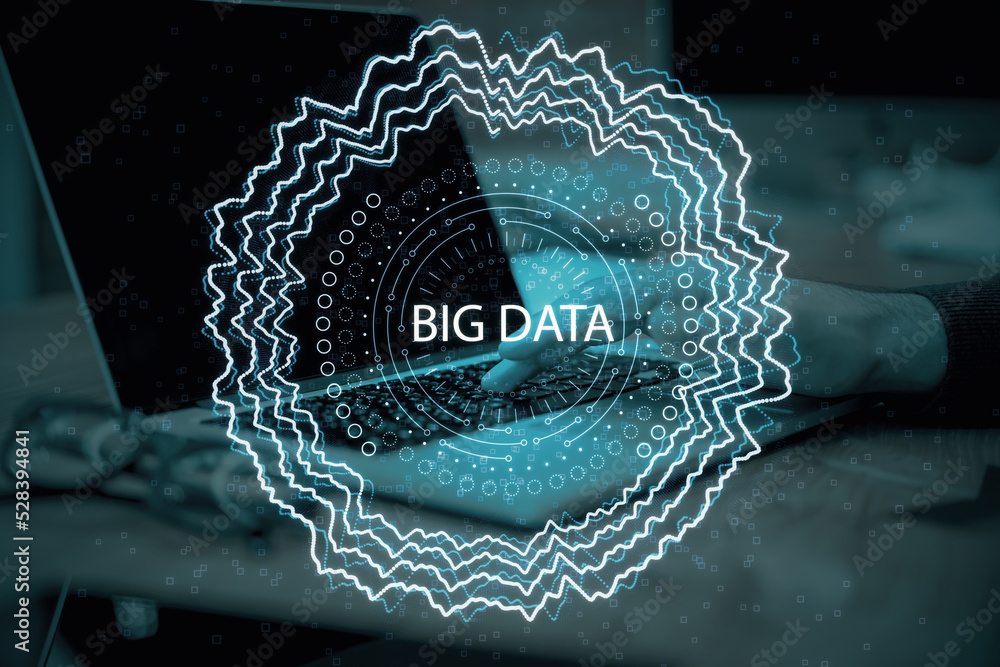 Poster Close up of male hand using laptop keyboard with abstract round big data hologram on blurry background. Code and digital science concept. Double exposure.