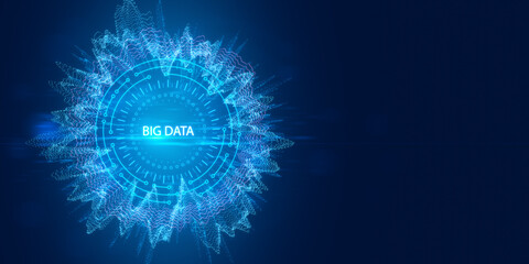 Abstract round big data hologram on dark wide background with mock up place. Code and digital science concept. 3D Rendering.