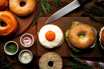 Top view of a bagel sandwich with egg and other ingredients on a wooden cutting board