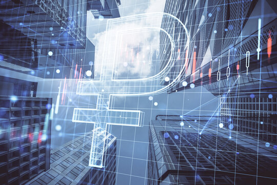 Creative glowing ruble hologram and forex chart on blurry city backdrop with grid. Money, trade, market, online banking app, currency and finance concept. Double exposure. - Powered by Adobe