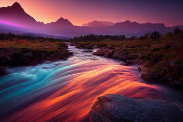 Fototapeta premium colourful mountain canyon long exposure river sunset, beautiful outdoor wonderland landscape background, 3d render, 3d illustration