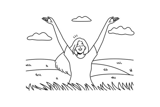 Overjoyed young woman in field feeling joyful and optimistic. Smiling girl relax in summer meadow enjoy mental health and optimism. Vector illustration. 