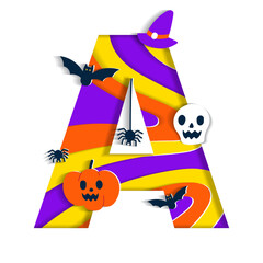 Happy Halloween A Alphabet Party Font Typography Character Cartoon Spooky Horror with colorful 3D Layer Paper Cutout Type design celebration vector Illustration Skull Pumpkin Bat Witch Hat Spider Web