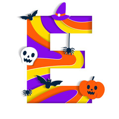 Happy Halloween E Alphabet Party Font Typography Character Cartoon Spooky Horror with colorful 3D Layer Paper Cutout Type design celebration vector Illustration Skull Pumpkin Bat Witch Hat Spider Web