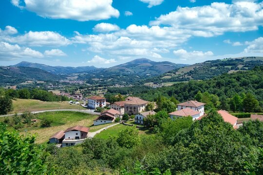 Aerial view of the village of Ziga, Baztan, Navarre, Spain on a sunny day