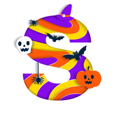 Happy Halloween S Alphabet Party Font Typography Character Cartoon Spooky Horror with colorful 3D Layer Paper Cutout Type design celebration vector Illustration Skull Pumpkin Bat Witch Hat Spider Web