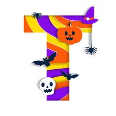 Happy Halloween T Alphabet Party Font Typography Character Cartoon Spooky Horror with colorful 3D Layer Paper Cutout Type design celebration vector Illustration Skull Pumpkin Bat Witch Hat Spider Web