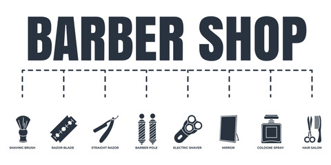Barber shop banner web icon set. electric shaver, cologne spray, razor blade, mirror, hair salon, straight razor, barber pole, shaving brush vector illustration concept.