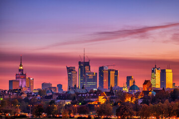 City Downtown Of Warsaw At Twilight In Poland