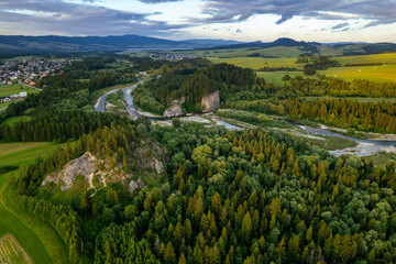 Przelom Bialki natural reserve in Podhale, Poland. Aerial Drone view