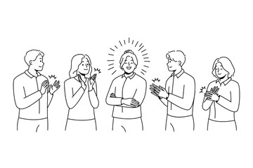 Fototapeta na wymiar Happy colleague applaud greeting successful businesswoman with personal work achievement. Smiling employees clap hands show acknowledgement to female leader. Vector illustration. 