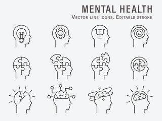 Mental health icons, such as brain, mind, anxiety, depression and more. Editable Stroke. Vector illustration. - obrazy, fototapety, plakaty