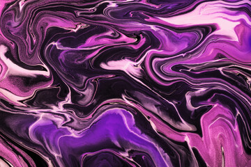 Abstract fluid art background dark purple and black colors. Liquid marble. Acrylic painting with...