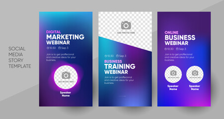 Naklejka premium Business webinar social media story template. Background and illustration for social media banner post design in vector. Editable layout with a place for pictures.