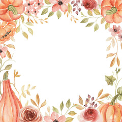 Fototapeta na wymiar Rose Orange and Pumpkin Autumn watercolor flower frame
