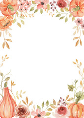 Rose Orange and Pumpkin Autumn watercolor flower frame