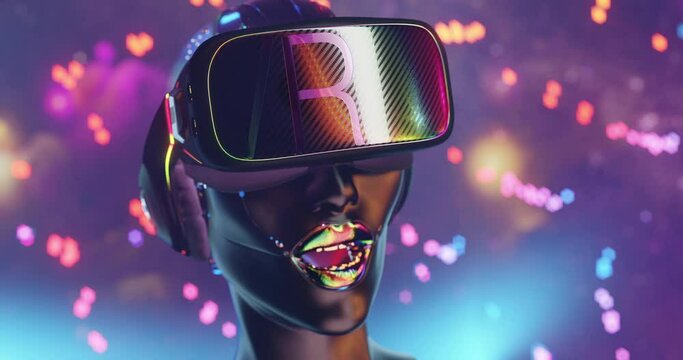 Futuristic girl-robot in VR goggles headset, artificial intelligence digital metaverse, glowing Sci-fi background