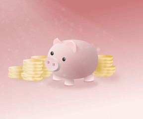 Pink piggy bank and gold coins. 3d illustration of money box . Investment income, real estate banking.