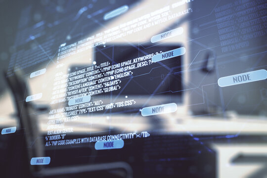 Multi exposure of abstract creative coding sketch and modern desktop with computer on background, artificial intelligence and neural networks concept