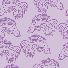 Purple fishes on light violet background. Seamless pattern with fish. Modern abstract design for background for packaging paper, cover, fabric, card