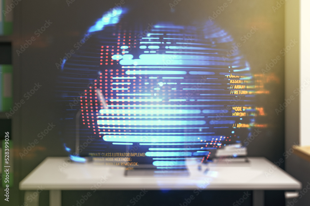 Poster abstract creative coding illustration with world map and modern desktop with pc on background, inter