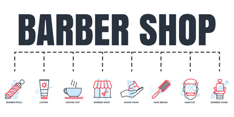 Barber shop banner web icon set. shave foam, barber chair, barber shop, hair brush, hair cut, lotion, barber pole, coffee cup vector illustration concept.
