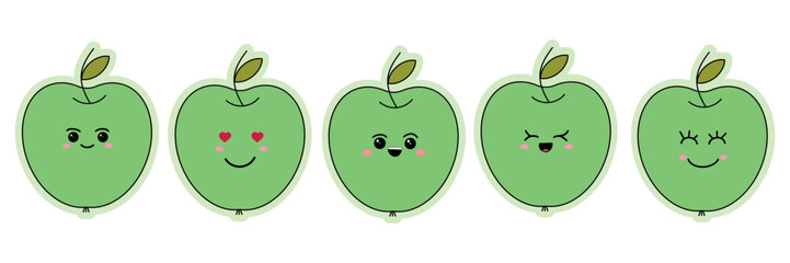 A set of stickers of funny emoticons on a green apple. Funny cartoon emoticons. Vector illustration isolated on white background.