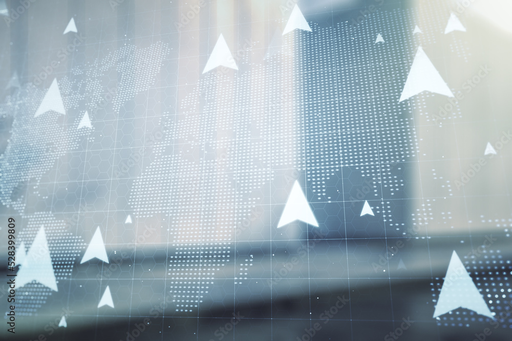 Poster abstract virtual geolocations map hologram on blurry modern office building background. gps tracking