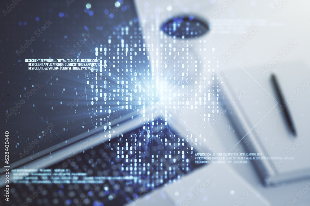 Poster creative code skull hologram on modern computer background, cybercrime and hacking concept. multiexp