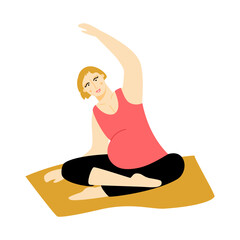 Pregnant woman practicing yoga. Future mother doing aerobic exercises on a mat. Vector flat illustration on a white background