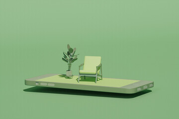 3D Minimal furniture on smartphone application service, digital marketing, online buying. Armchair and plant in smartphone online shop app on  green color background. 3d render
