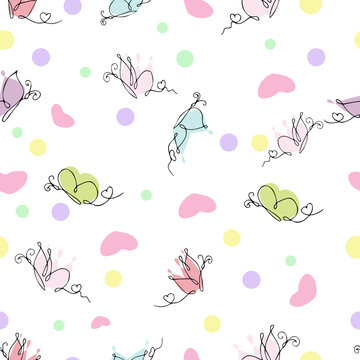 Gentle cheerful seamless pattern of butterflies, hearts in pastel colors to create a cozy, good mood. For printing on wallpaper, fabric, for children, for interior and other decor. Handmade.