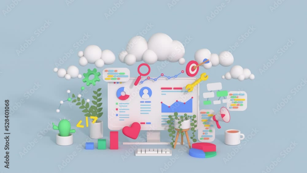 Poster seo marketing and web analytics concept. minimal cartoon style 3d render animation